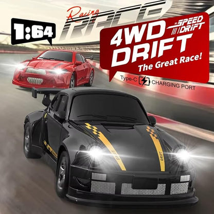 1/64 Scale 2.4G High Speed Drift RC Car Remote Control Drift 4WD Mini Lights System Desktop Drift Car for Adults (Red)