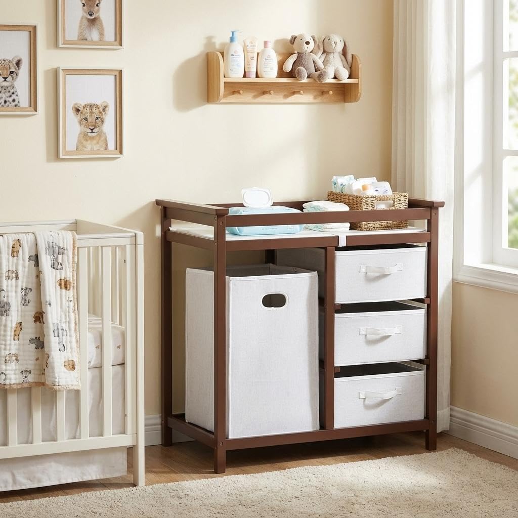 GarveeHome Modern Baby Changing Table with Laundry Hamper & 3 Drawers - Solid Wood Nursery Dresser Supports 40 Lbs, with Safety Strap & Waterproof Pad, Storage Organizer for Diapers, Clothes & Toys