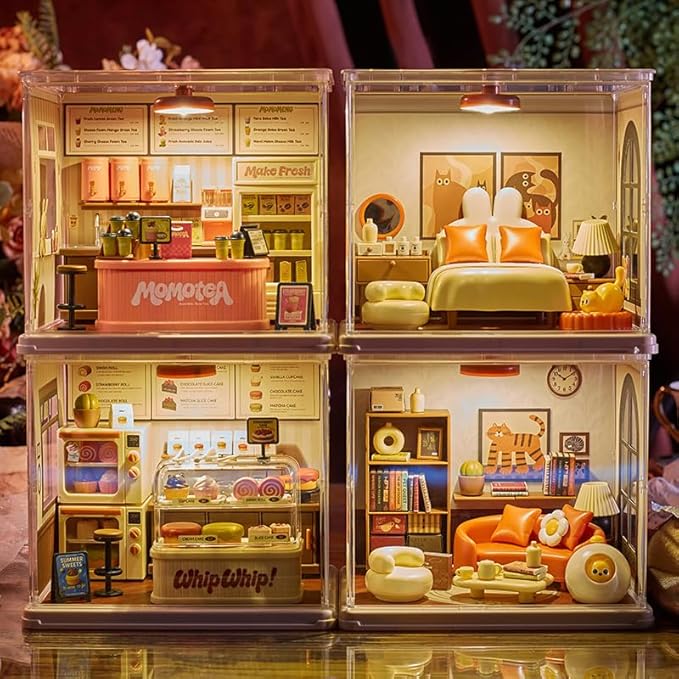Bear Dessert Bakery DIY Miniature House Building Toy Dollhouse Set with LED Creator Playset Suitable for Mini Figures Construction Toys Diorama Kit Gifts for Adults