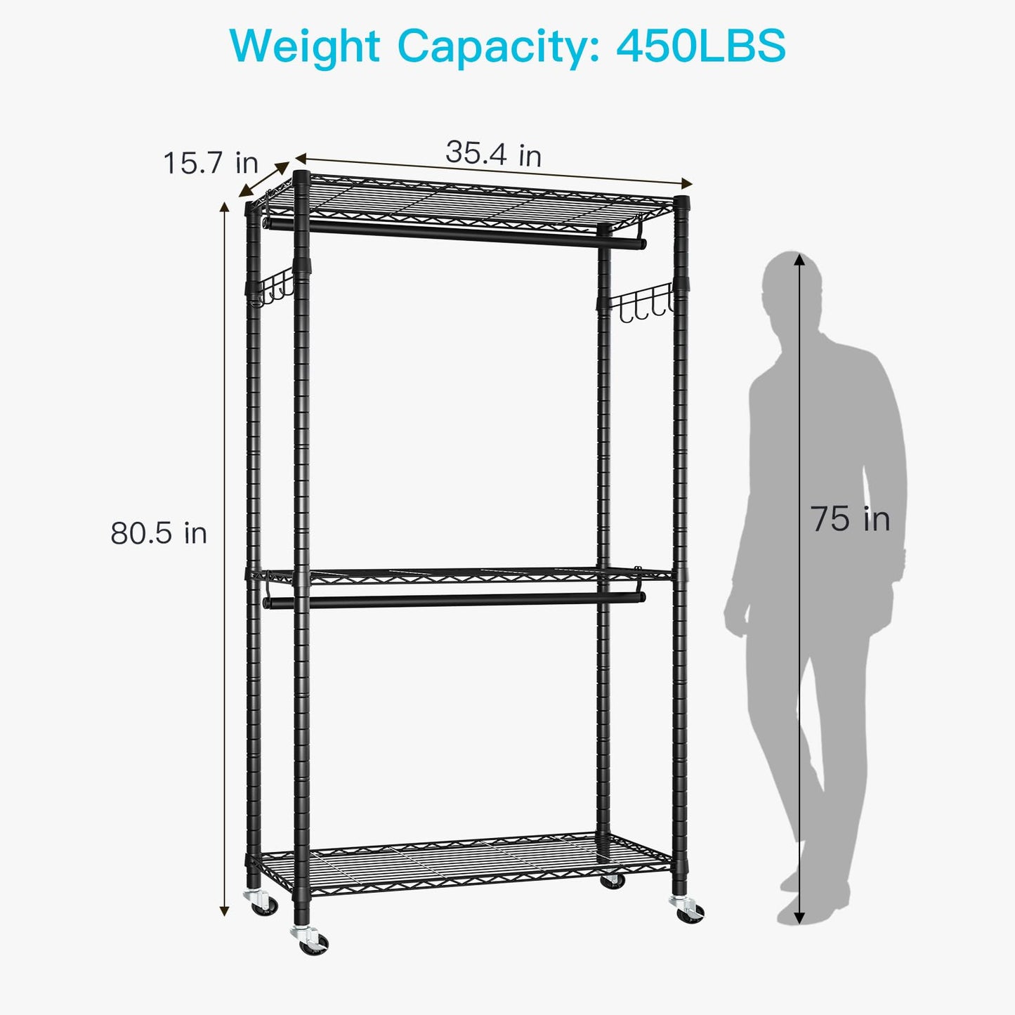 FUTASSI P1 and P1 Medium Black Clothes Rack Bundle, Rolling Closet Rack with Wheels, Metal Garment Rack for Hanging Clothes, Clothing Storage Wardrobe