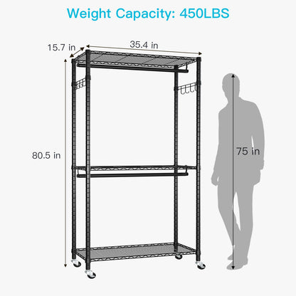 FUTASSI P1 and P1C Black Garment Rack Bundle, Rolling Closet Rack with Wheels, Metal Garment Rack for Hanging Clothes, Clothing Storage Wardrobe, Load 450 Pounds