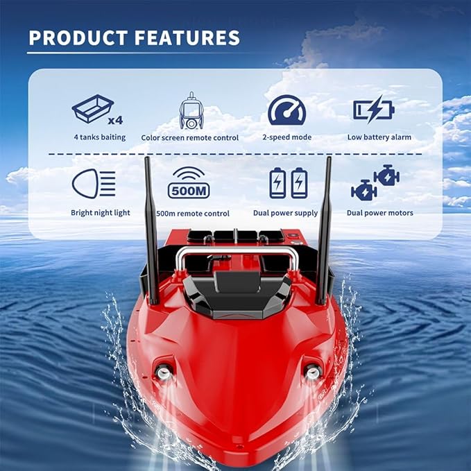 RC Bait Boat for Fishing with 4 Boxes Dual Antena and 18000mAh Battery for 500M Long-Range Bait Boat with LED Light Hook Release High-Definition Color Screen Remote Control