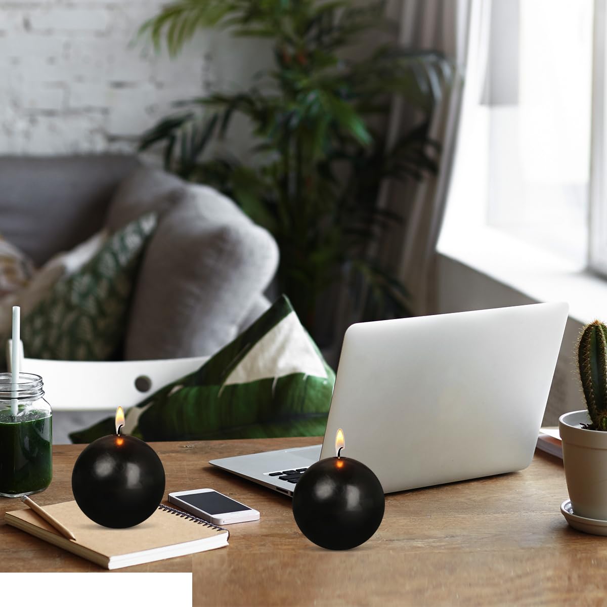 Ball Pillar Candles Set of 3 Black 3Inch Unscented Handpoured Weddings, Home Decoration, 75 Hour