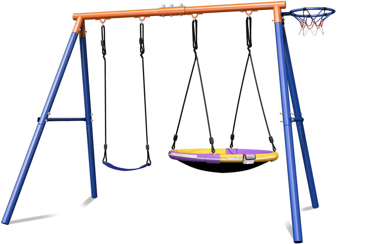 4-in-1 Swing Sets with Stand for Backyard, 440lbs Outdoor Saucer Swing Set for Kids, Heavy-Duty A-Frame Metal Playset for Playground, 32 inch Saucer, Belt Swing, Basketball Hoop, Led Light & Anchors