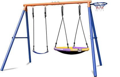 4-in-1 Swing Sets with Stand for Backyard, 440lbs Outdoor Saucer Swing Set for Kids, Heavy-Duty A-Frame Metal Playset for Playground, 32 inch Saucer, Belt Swing, Basketball Hoop, Led Light & Anchors