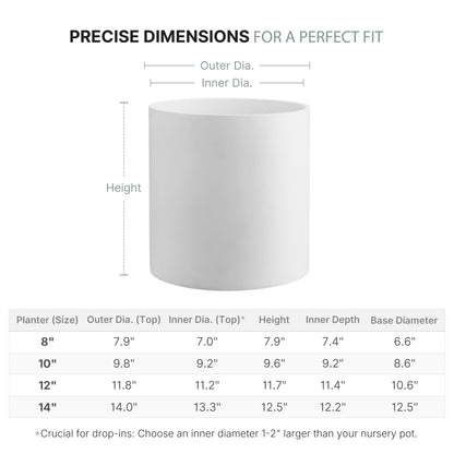 FaithLand 10 Inch Fiberstone Planter - Lightweight Modern Cylinder Plant Pot with Drainage Hole & Plug, Indoor Outdoor Use, Matte White