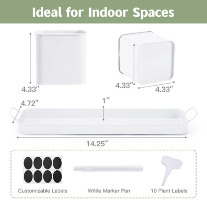 Indoor Herb Garden, Herb Planter Set with Handled Tray, 3 Iron Indoor Plant Pots with Drainage Holes, Windowsill Planter with Customizable Labels, Marker Pen, 10 Plant Labels, Window Pots, White