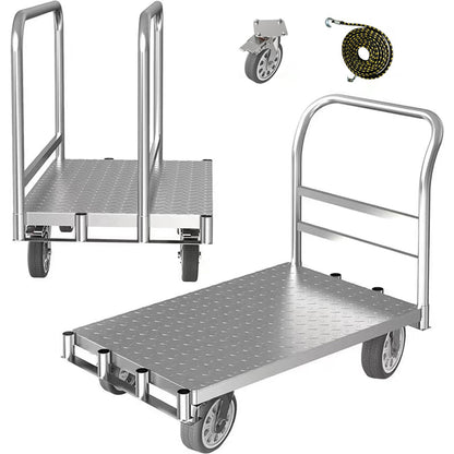 Foldable Panel Push Cart Dolly,2IN1 Steel Plate Platform Truck,36"×24" Heavy Duty Moving Hand Truck Flatbed Cart,2200LBS Capacity with 6.5'' Swivel Wheels,Detachable Fence 1Front and 2Side Handles