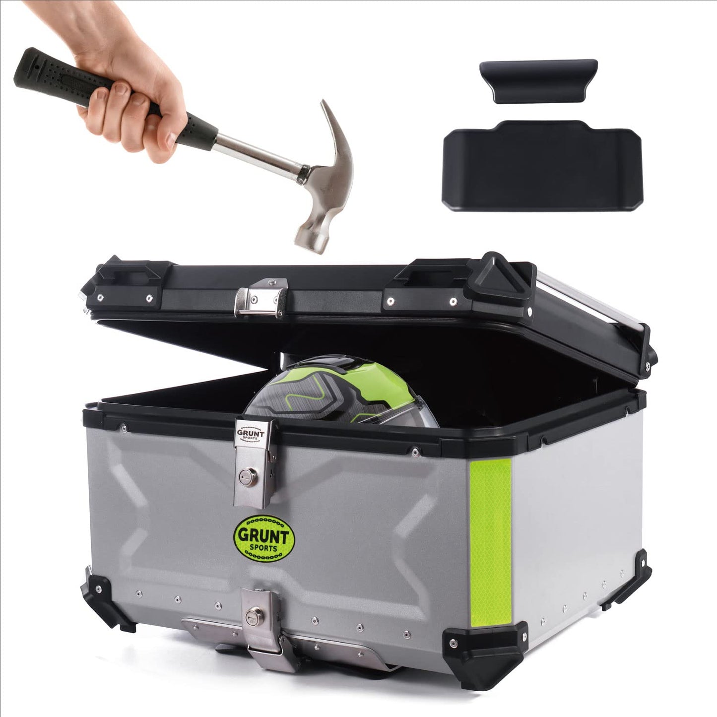 Letusto GRUNT SPORTS 65L Motorcycle Tail Box Top Case - Scooter Universal Storage Trunk – Waterproof Aluminum Luggage Tour Helmet Box with Security Lock - Includes Back Cushion (Silver, 65L)