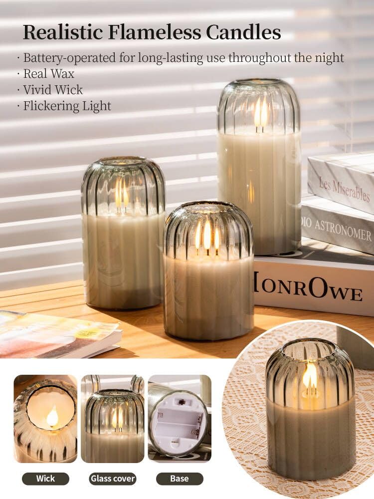 luzzup Glass Ribbed Flameless Candles - Battery Candles with Remote Timer, Green Glass LED Candles with Pumpkin Shape, Warm Light, Lasting 350 Hrs and Brightness Adjustment, Φ 3" H 4" 5" 6", Set of 3