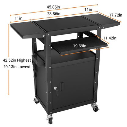 Mobile AV Cart with Pullout Keyboard Tray, Rolling Computer Cart Height Adjustable Rolling Media Utility Cart with Extra Storage Space, 4 Outlets, Perfect for Home or Office Use