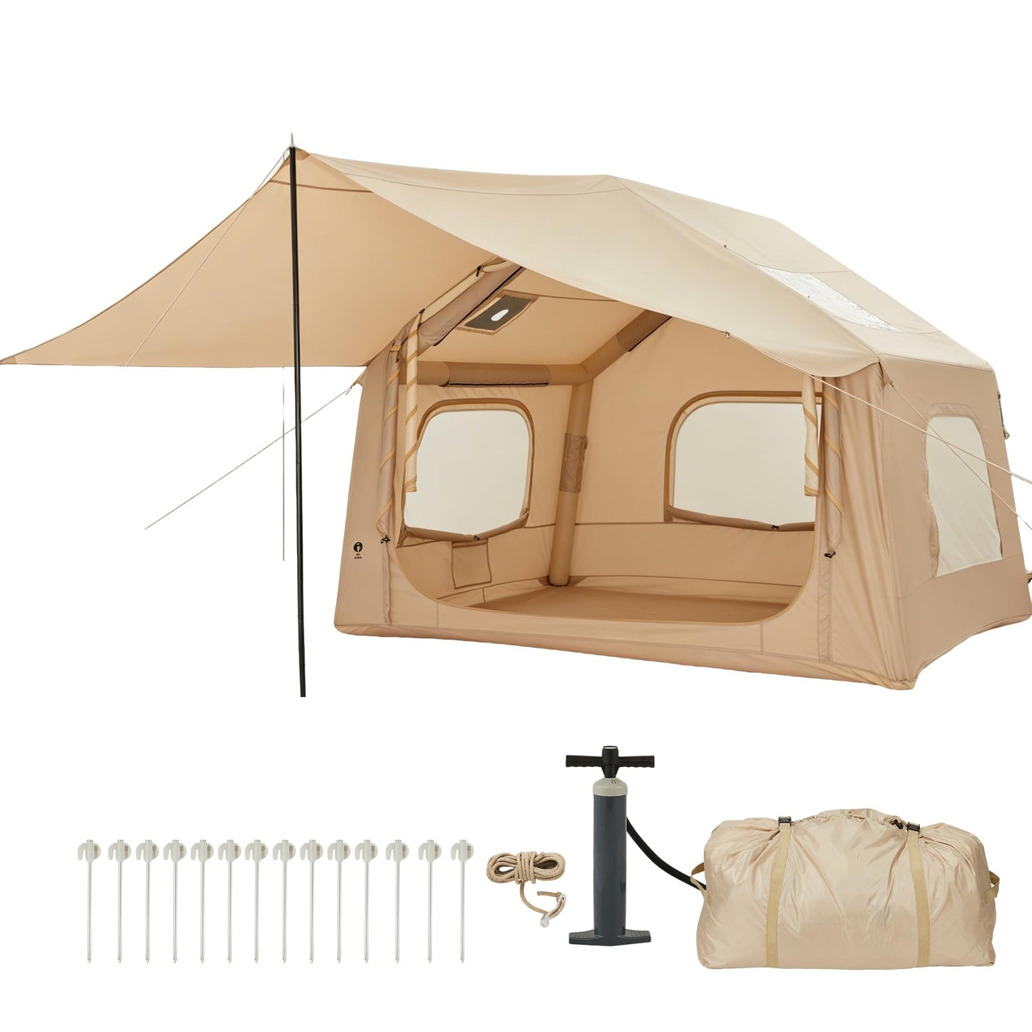 Inflatable Camping Tent for 3-5 Person, Quick Setup Blow Up Tent with Canopy, Waterproof 4 Season Air Glamping Tent with Skylight, Mesh Windows & Stove Jack, for Camping, Beach, Outdoor
