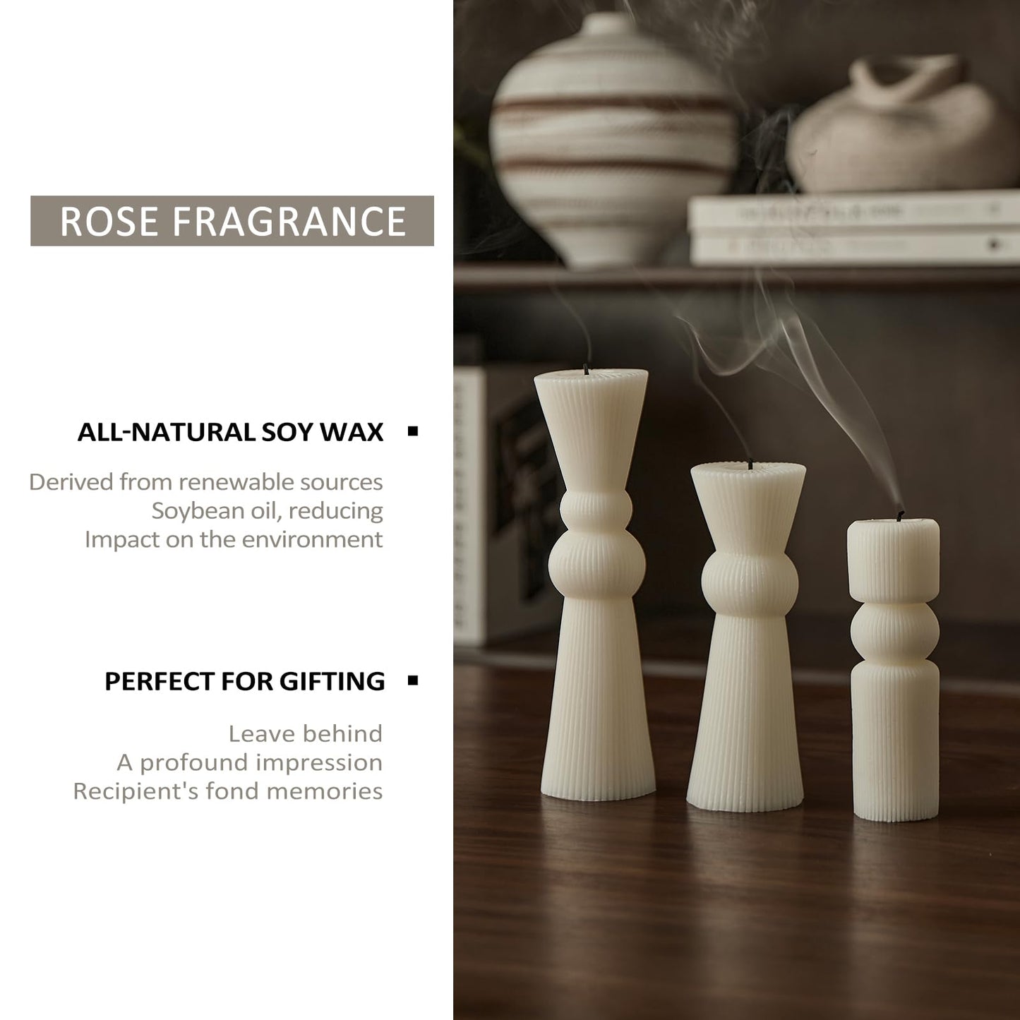 NATCENSE 3Pcs Pillar Candles Set - Handmade Ribbed Design for Modern Home Decor, Housewarming Gift, Room & Shelf Aesthetic Decoration, Long-Lasting Burning (White)