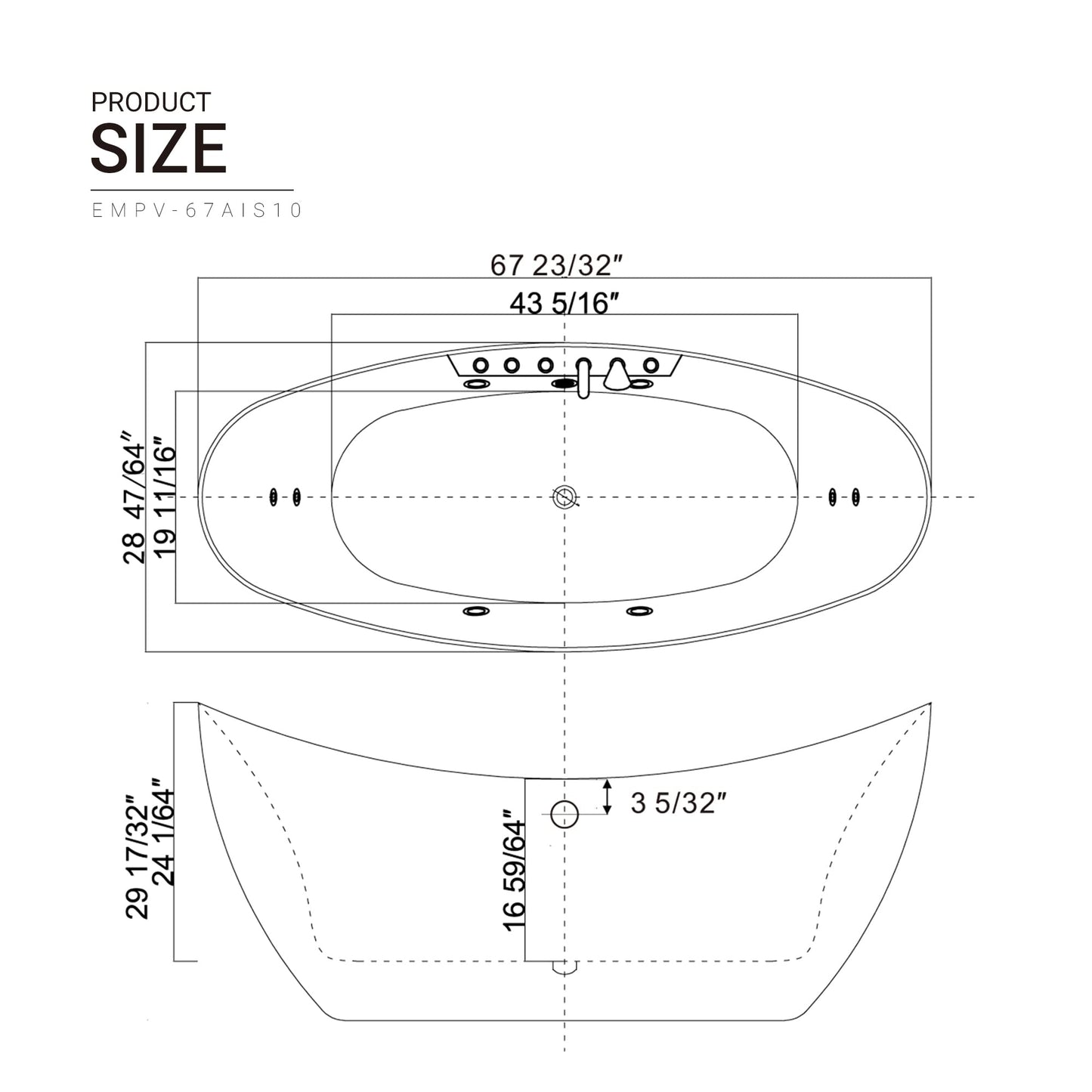 Empava 68 in. Acrylic Freestanding Tub Hydromassage Gracefully Oval Shaped Whirlpool 8 Water Jets Soaking SPA, Double-Ended Massage Bathtub with 2 Black Pillows , White