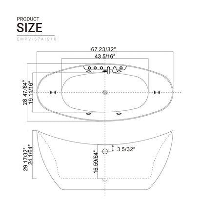 Empava 68 in. Acrylic Freestanding Tub Hydromassage Gracefully Oval Shaped Whirlpool 8 Water Jets Soaking SPA, Double-Ended Massage Bathtub with 2 Black Pillows , White