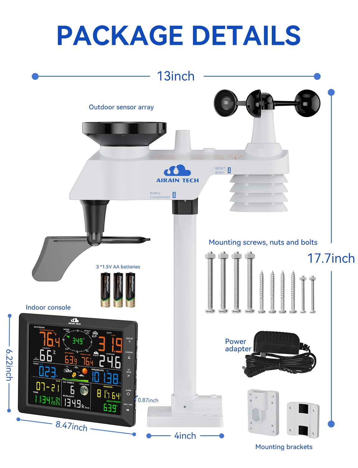AIRAIN TECH 14-in-1 Wireless Weather Station with Outdoor Wireless Sensor,Radio-Controlled Clock,Rain Gauge,Wind Speed/Direction,Moon Phase,Wind Chill Index,Outdoor Dew Point,Barometer(NO WiFi)