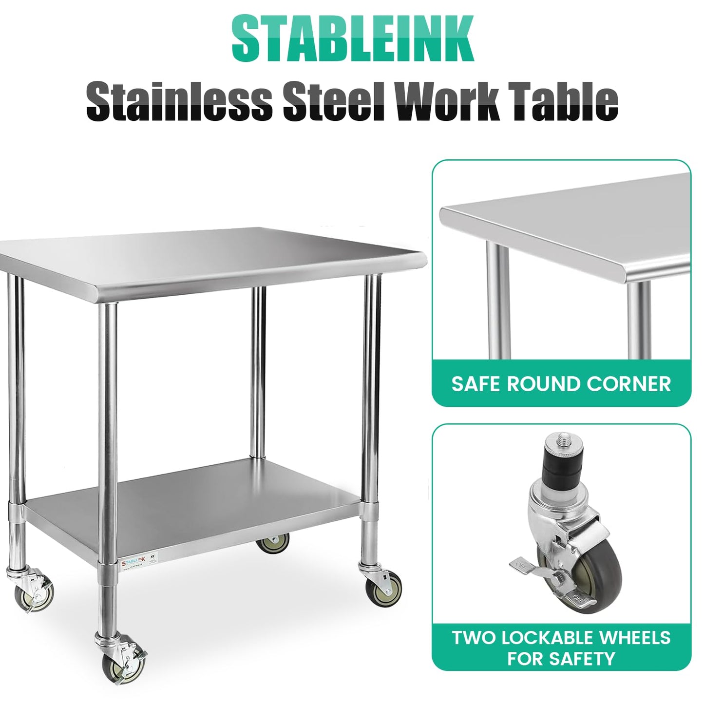 STABLEINK NSF Stainless Steel Small Table 18x30 Inches with Wheels, Metal Prep & Work Table with Adjustable Undershelf, for Commercial Kitchen, Restaurant, Hotel and Garage