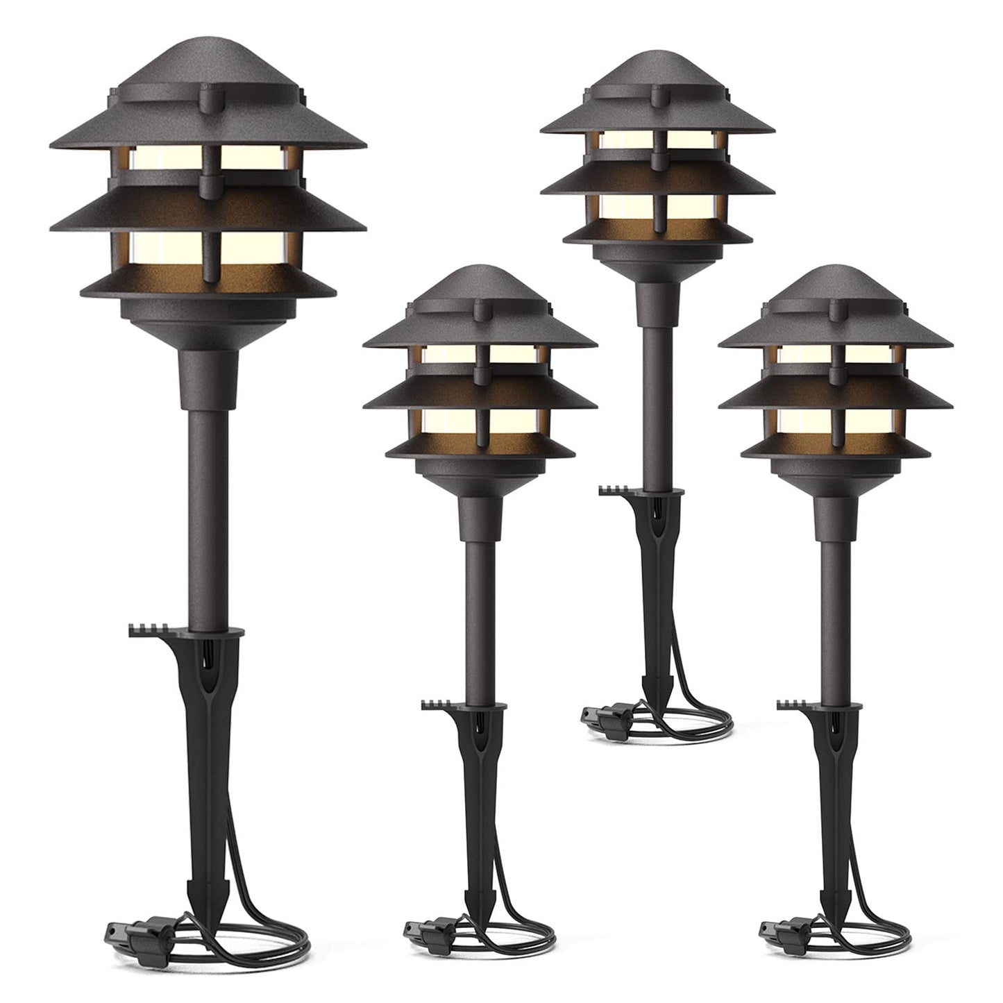 GOODSMANN Landscape Lighting 4PK Pathway Lights Low Voltage 2.2 Watt LED 12V AC Landscape Lights 30 Lumen Warm White with Cable Connectors Metal Stakes 9122-21102-04A