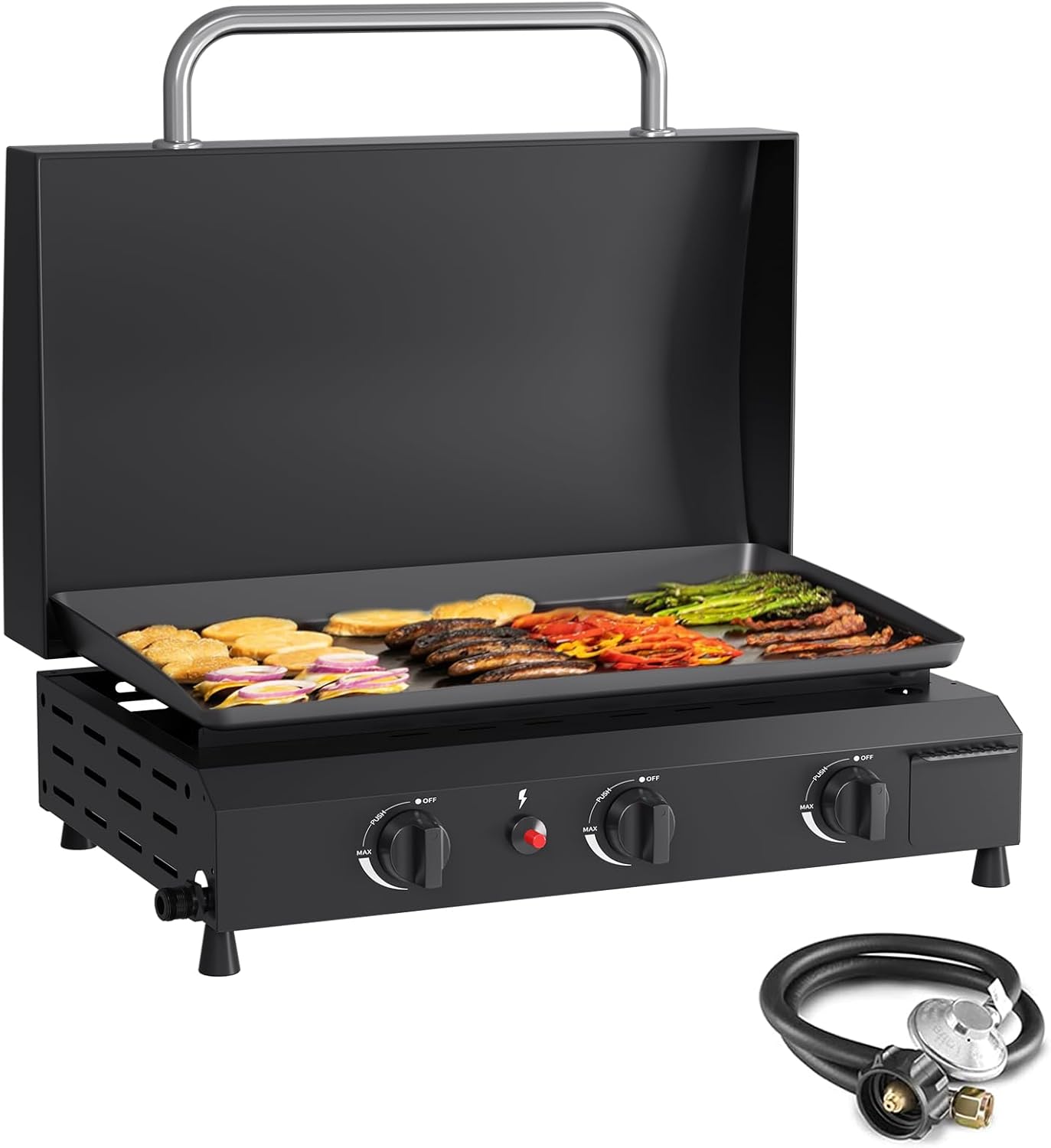 SKOK 23.3 Inch Gas Griddle - Portable Flat Top Grill with Hood for Camping & Tailgating, 45,000 BTU Output