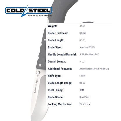 Cold Steel Ultimate Hunter 3.5" S35VN Razor-Sharp Blade 5" G-10 Easy-To-Grip Orange Handle Hunting Folding Knife with Tri-Ad Locking Mechanism
