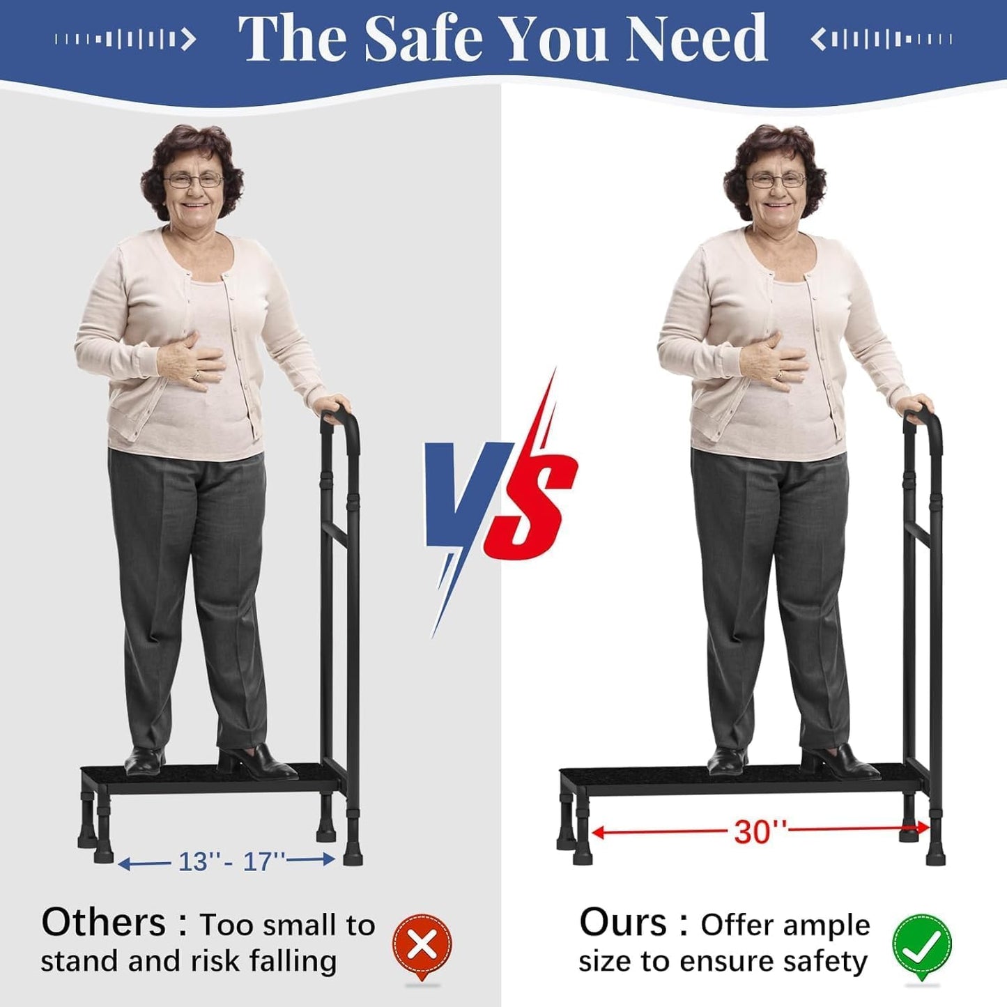 Zylorix 30.5'' Long Bedside Step Stool with Handle for Elderly Seniors Adults, Elderly Bed Step with Adjustable Height Handrails, Heavy Duty Bed Steps for High Beds, Bedside, Bathtub, Step, SUV