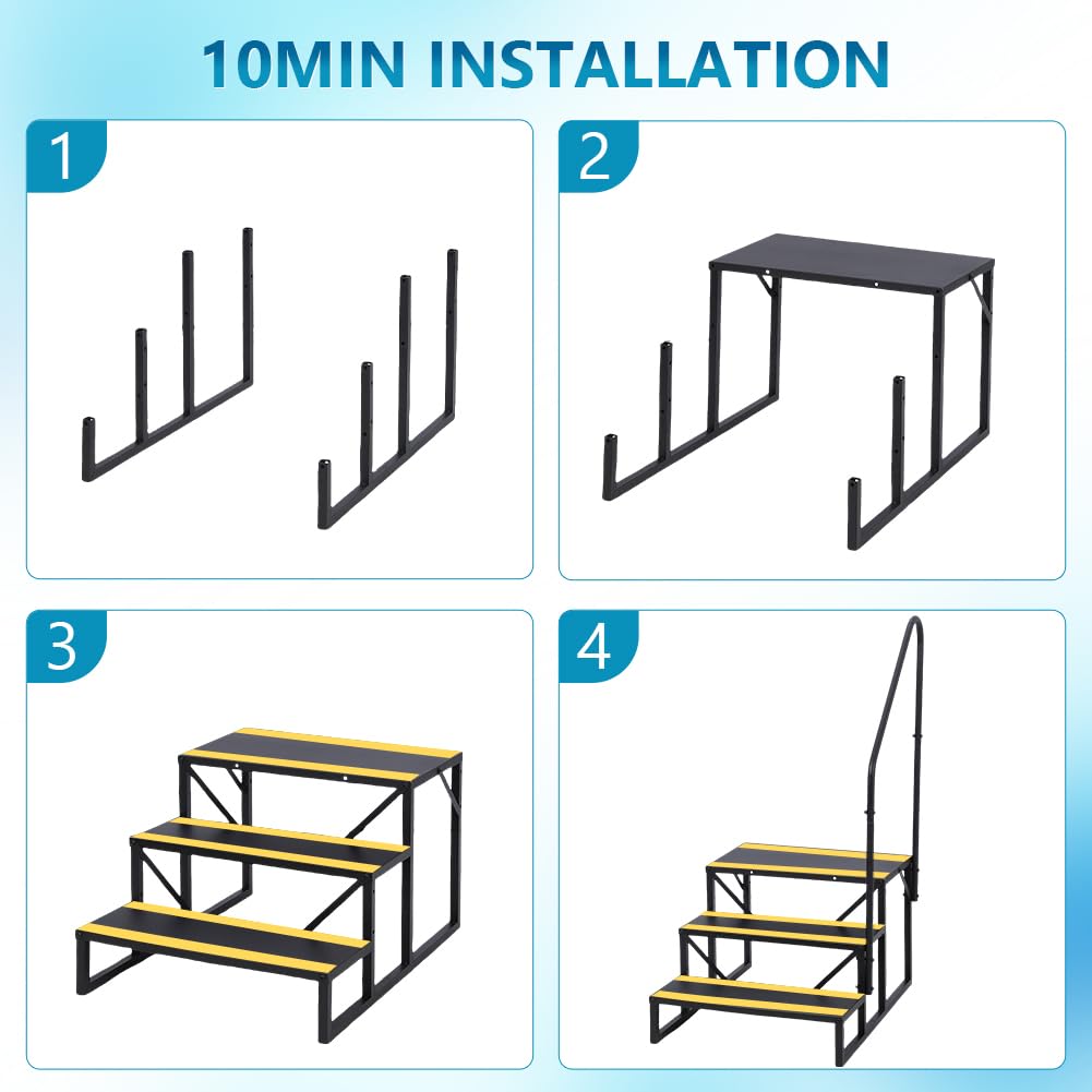GarveeLife 3 Step RV Stairs with Handrail, Hot Tub Steps Metal with Non-Skid Tapes, Portable Stairs Steps for RV, Mobile Home Stairs Travel Trailers, Camper, Hot Tub, Ground-Pool for Indoor & Outdoor