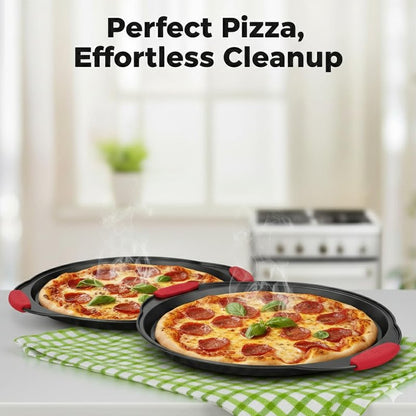 NutriChef 2-Piece 13-Inch Nonstick Pizza Tray, Round Carbon Steel Non-Stick Pizza Pan with Perforated Holes, Premium Bakeware Pizza Screen with Silicone Grip Handles, Dishwasher Safe, NCBPIZX2