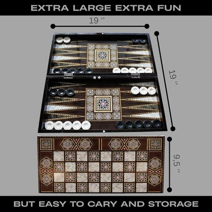 Park&ampOz Pearl Premium Turkish Backgammon and Checkers Set 19 Inch Handmade 2 in 1 Wooden Board Game with Glossy Finish Luxury Checkers and Dice Travel Friendly and Foldable