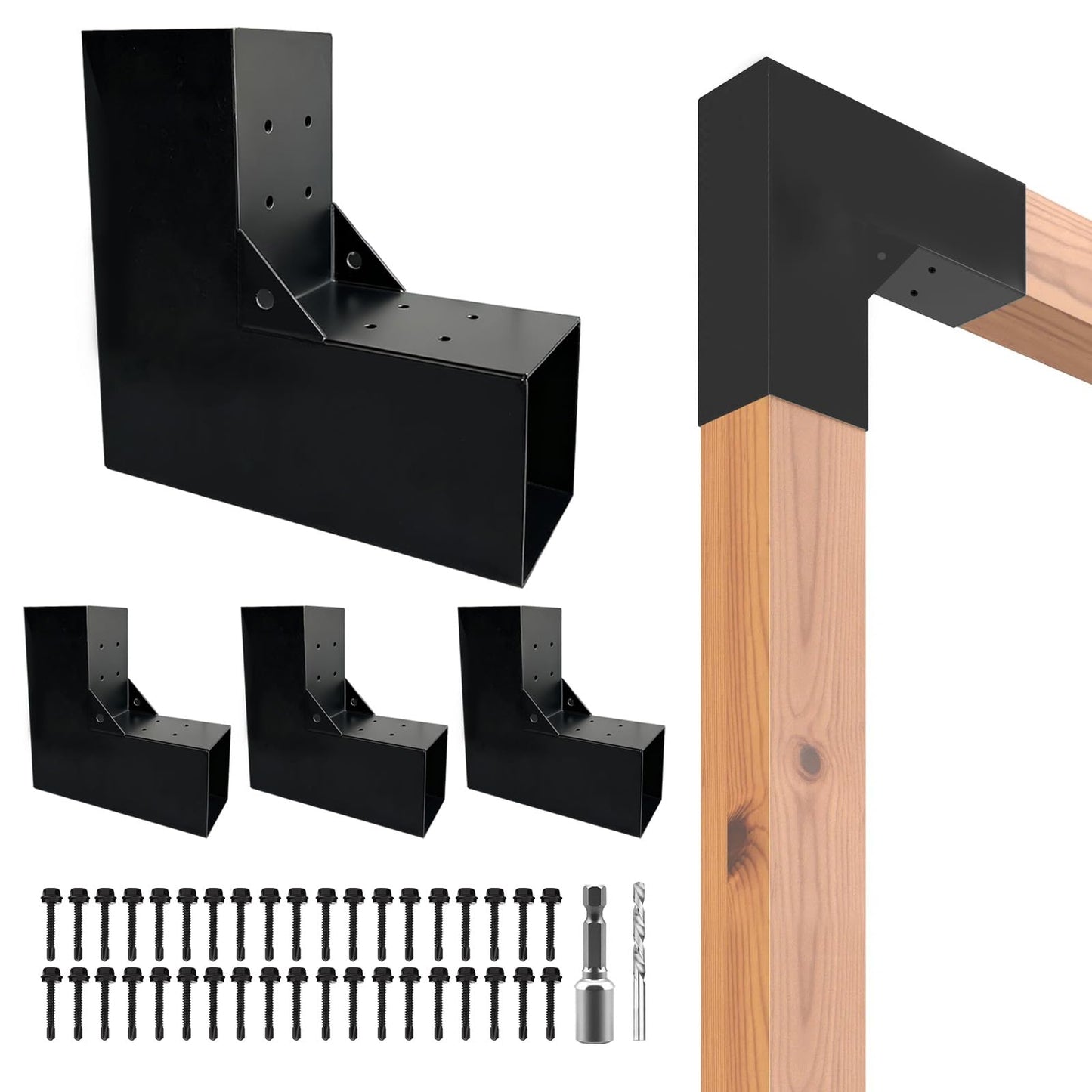 HANBENYTEX 4Pack 2-Way Pegola Brackets, DIY L-Shaped Conrer Bracket with Screw for 4 x 4 (Actual:3.5x3.5) Wood Beam Support,Heavy Duty Steel Gazebo Bracket for Outdoor Pavilion,Porch,Hunt Cabin