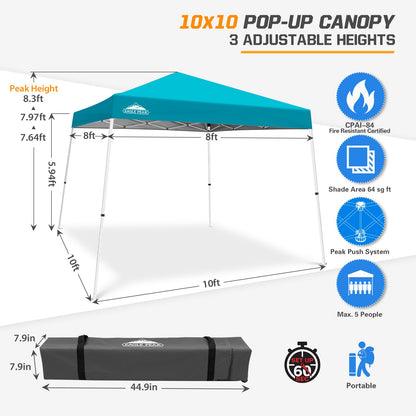 EAGLE PEAK 10x10 Slant Leg Pop-up Canopy Tent Easy One Person Setup Instant Outdoor Beach Canopy Folding Portable Sports Shelter 10x10 Base 8x8 Top (Turquoise)
