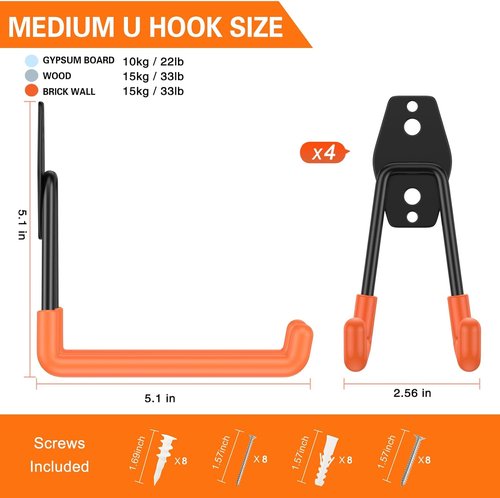 HUPBIPY Heavy Duty Garage Hooks - 5.1 Inch U-Shaped Wall Mount Tool Organizer | 4 Pack for Ladders & More