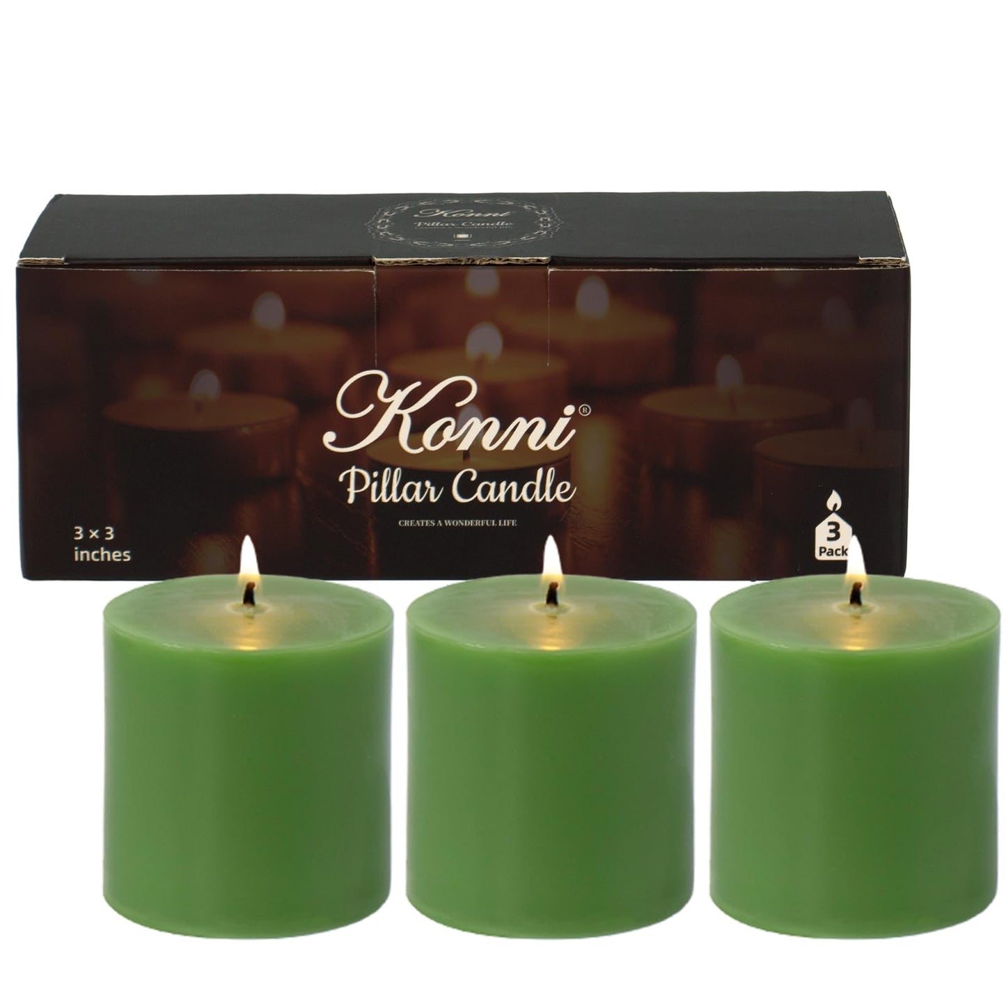 KONNI Green Pillar Candles Set of 3, 3"x 3" Unscented Pillar Candles Bulk, 30 Hours Long Burning Candles, Smokeless&Dripless Large Round Candle for Wedding, Home Decoration, Parties, Spas, Dinner