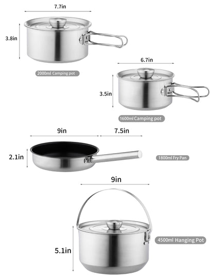 CretFine EssentialKit Camping Cookware Set Stainless Steel Pots and Pan with Detachable Handle and Oxford Cloth Bag for 4-8, Perfect for Openfire Camp Kitchen, Picnic, BBQ, Traveling, Emergency