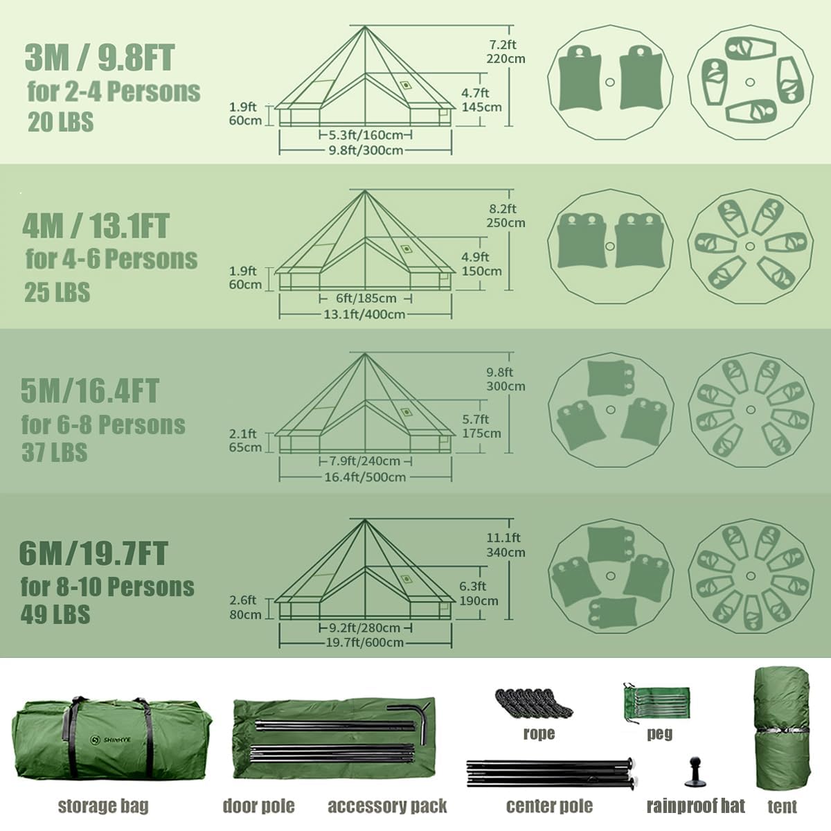 Bell Yurt Tent with Stove Jack, Waterproof Luxury 4 Season Tent 420D Oxford Cloth Green Glamping Tents for Family Outdoor Camping, Hunting, Party, All Year Living (Green Oxford 3M Yurt)