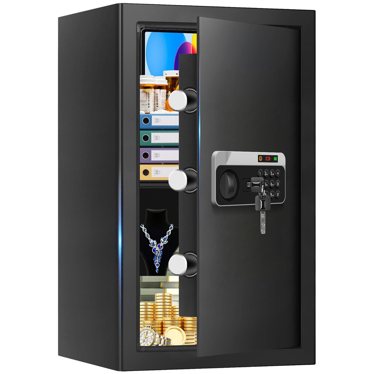 3.4 Cuft Large Home Safes Water and Fireproof, Personal Safe Box Fireproof Waterproof with Digital Keypad, Removable Shelves and Alarm System, Anti-theft Fire Proof Safe for Home Documents