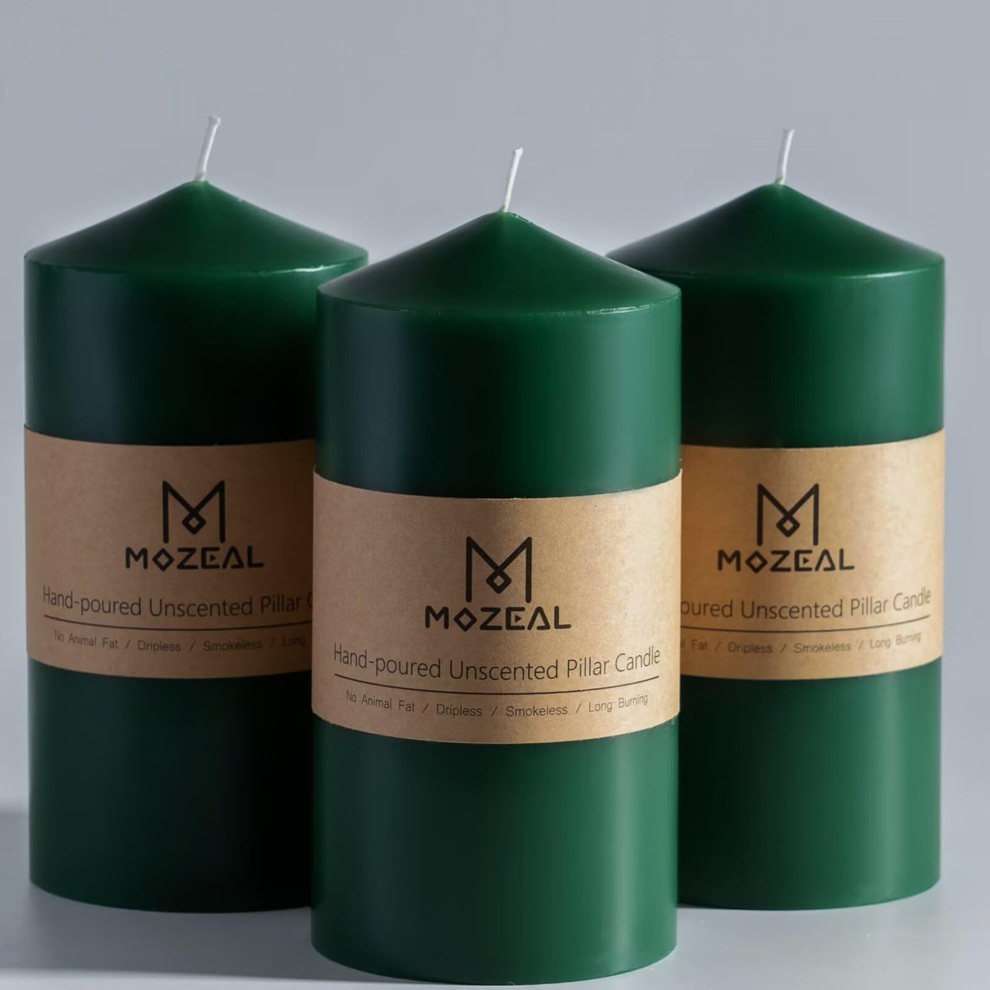 MOZEAL 3" x 6" Hand-Poured Unscented Green Pillar Candles,Dripless Candles Set of 3,Long Lasting Burning,Approx 100 Hours Burn Time for Wedding,Dinner,Christmas and Home Decor