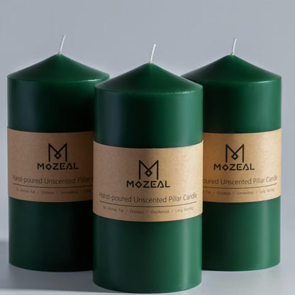 MOZEAL 3" x 6" Hand-Poured Unscented Green Pillar Candles,Dripless Candles Set of 3,Long Lasting Burning,Approx 100 Hours Burn Time for Wedding,Dinner,Christmas and Home Decor