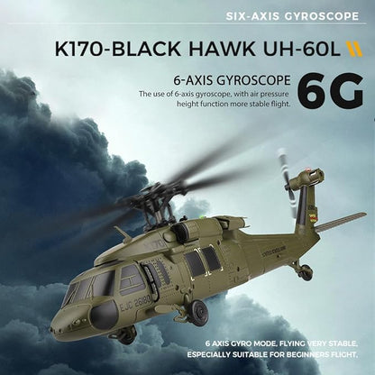 K170 UH60L RC Helicopter Remote Controlled Helicopter for Adults Beginners 2.4G 4CH RC Plane 6-Axis Gyroscope Altitude Hovering Military Aircraft Aileronles (2 Batteries)