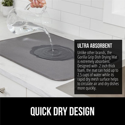 GORILLA GRIP Ultra Water Absorbent Microfiber Dish Drying Mat, Quick Dry Thick Mesh, Slip Resistant Pad for Sink Dishes or Under Rack, Kitchen Counter Accessories, 16x18, Machine Wash Mats, Gray