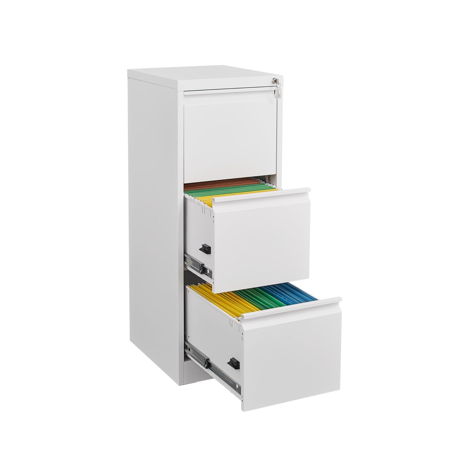 GarveeHome 3 Drawer Vertical File Cabinet with Lock, White Metal Filing Cabinet with Drawers for Home Office, Lockable Storage Cabinet Hanging Letter Size/Legal Files