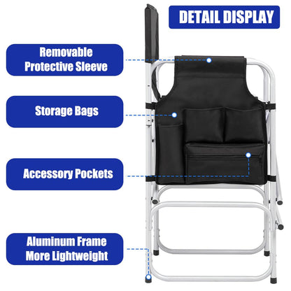 BRLJUNEO Makeup Artist Chair, 41'' Foldable Tall Directors Chairs w/Side Table Cup Holder Storage Bag and Footrest, Portable Makeup Chair, 400LBS Load Capacity, Black