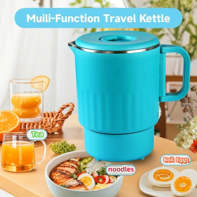 0.8L Small Portable Electric Kettle with Foldable Handle, 27 Ounce Travel Electric Kettle 304 Stainless Steel, Collapsible Hot Water Boiler for RV, Camping, Hotel, Office, Business Trip (Blue)