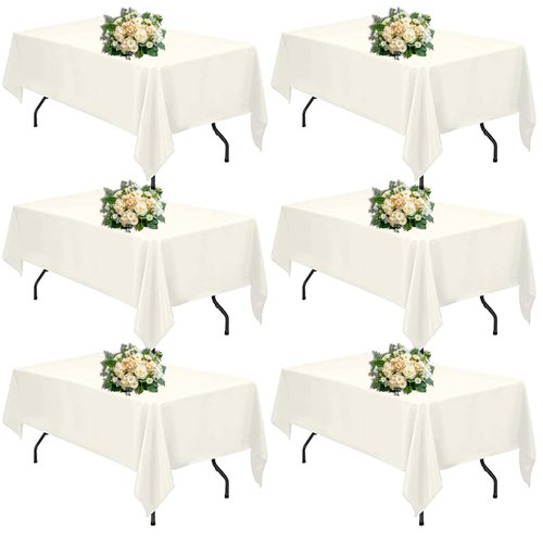 FINDYOU Ivory 6 Pack Polyester Table Cloth 60 x 102 Inch, Rectangle Tablecloths for 6 Foot Tables Washable Table Cloth for Party Wedding
