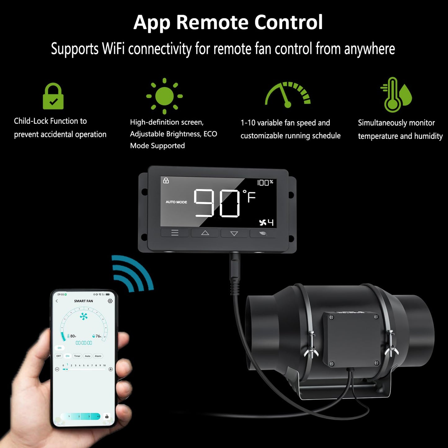 Toolazy 8 Inch Inline Duct Fan with WiFi App Control, 831 CFM Quiet EC Motor Ventilation Fan with Temperature Humidity Sensor, Smart Exhaust Fan for Large Grow Tent, Hydroponics, HVAC, Commercial Use