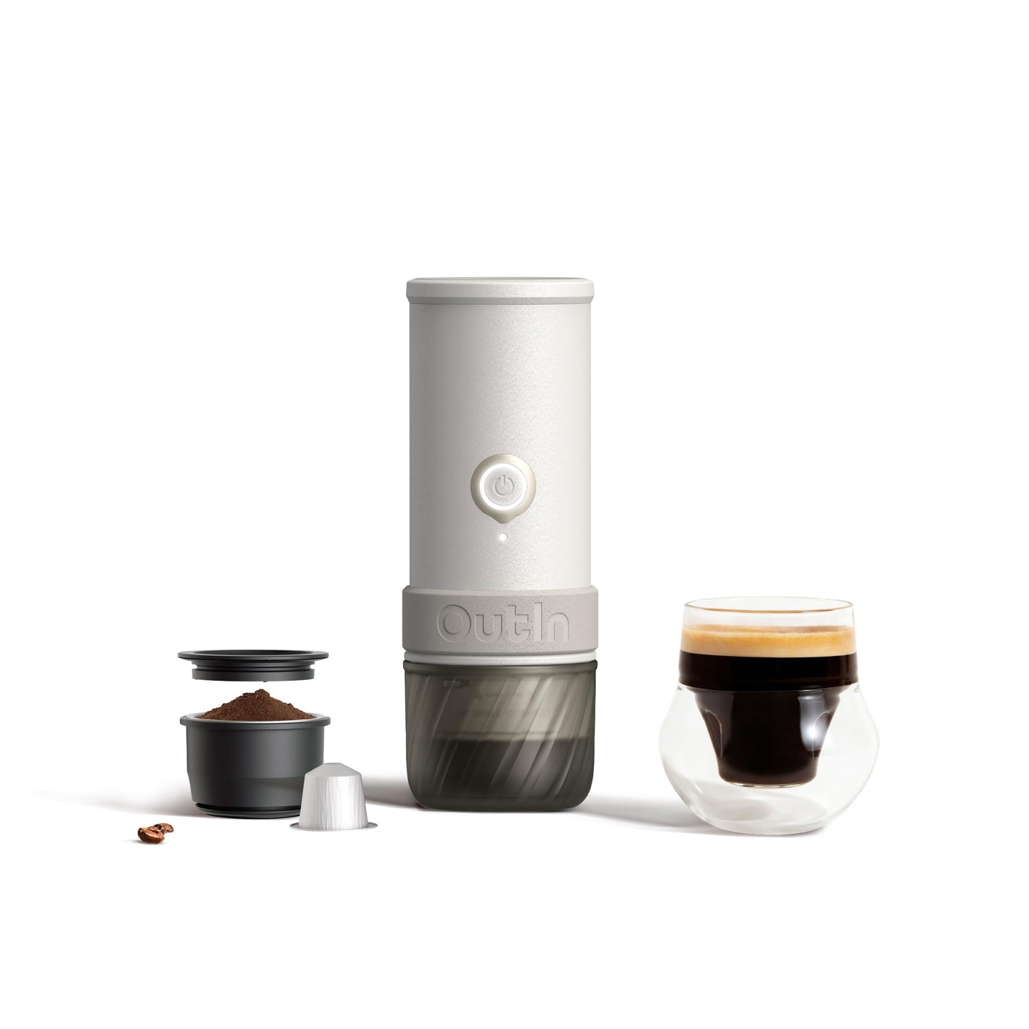 Outin Mino Portable Electric Espresso Machine, Mini Camping Coffee Maker for Travel, Pocket Sized Coffee Machine Self-Heating, Ground Coffee & NS Capsule Adapter For Adventure