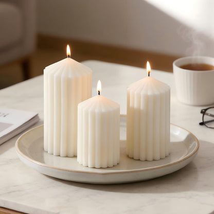 3 Pack White Ribbed Pillar Candles - Soy Wax Unscented, 2.76" x4.2/4.9/5.9 in Smokeless Non Toxic Cotton Wick, Aesthetic Modern Candles for Home Decor, Dinner Table, Living Room, Housewarming Gift