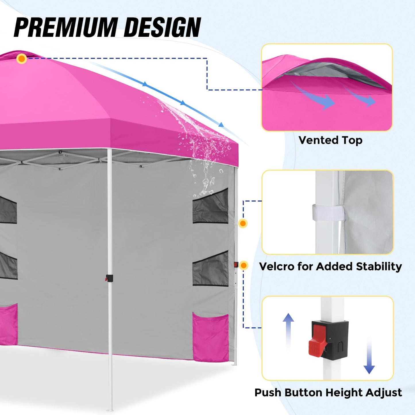 EAGLE PEAK Commercial Canopy 10x10 with Sidewall Storage, Easy OnePerson Setup Pop Up Canopy Tent with Roller Bag, Stakes, Ropes, and Weight Bags, Pink