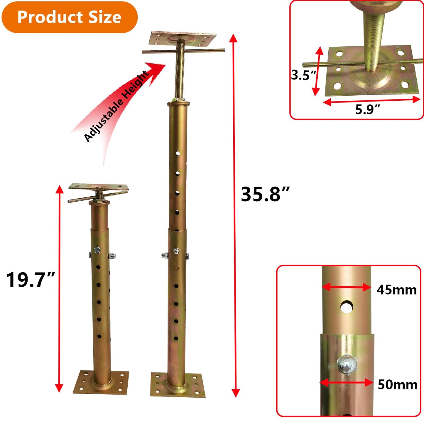 ZANURA 19.7"-35.8" Adjustable House Floor Wall Jack Post Pole Rod Fit for Leveling Lifting Framing Basement Crawlspace Beam Roof, 4 Pack