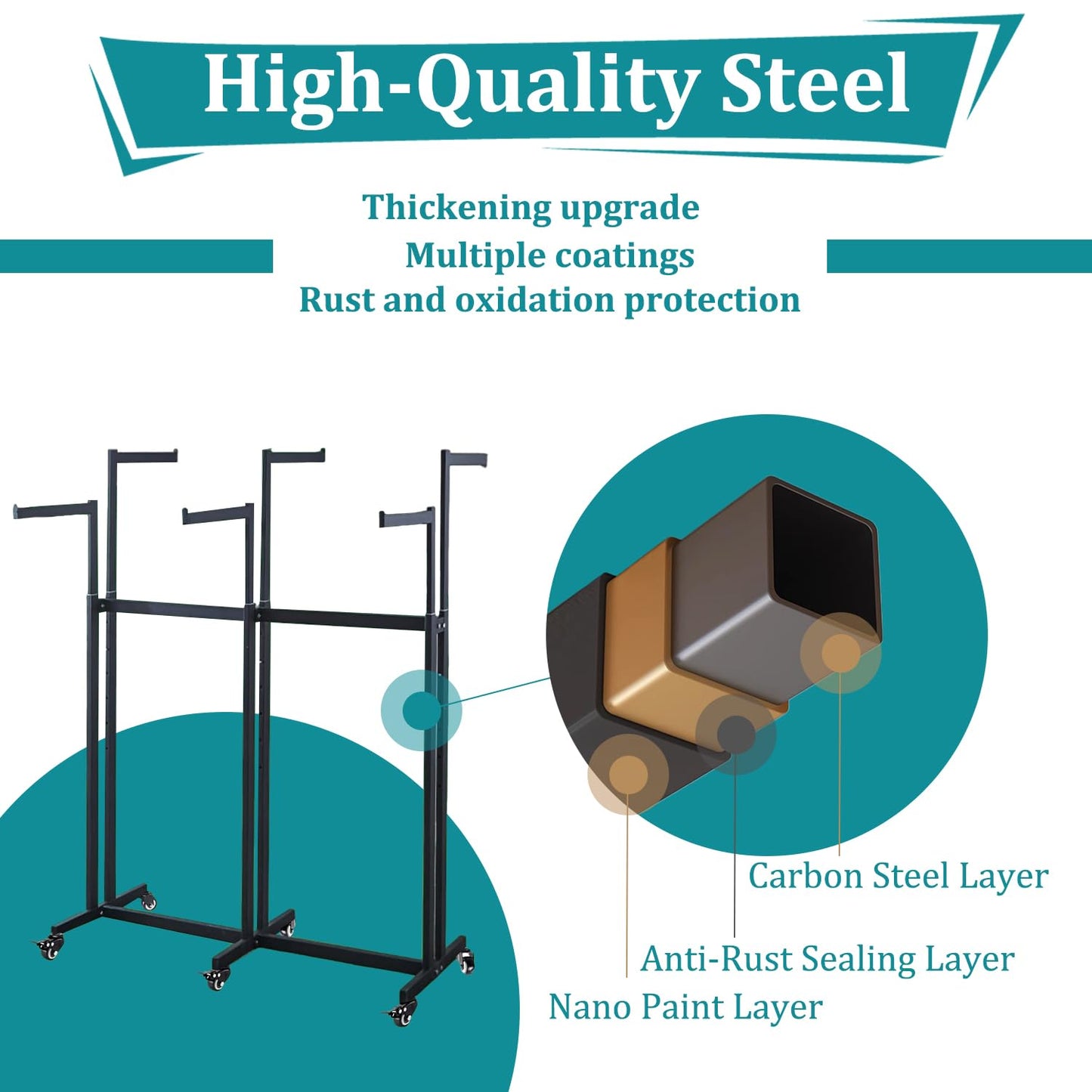 rcqeuiol Clothing Display Racks for Retail, Floor Standing Metal Garment Rack with Wheels, 6 Arms Heavy Duty Retail Display Racks for Hanging Clothes, Adjustable Shirt Rack, Black