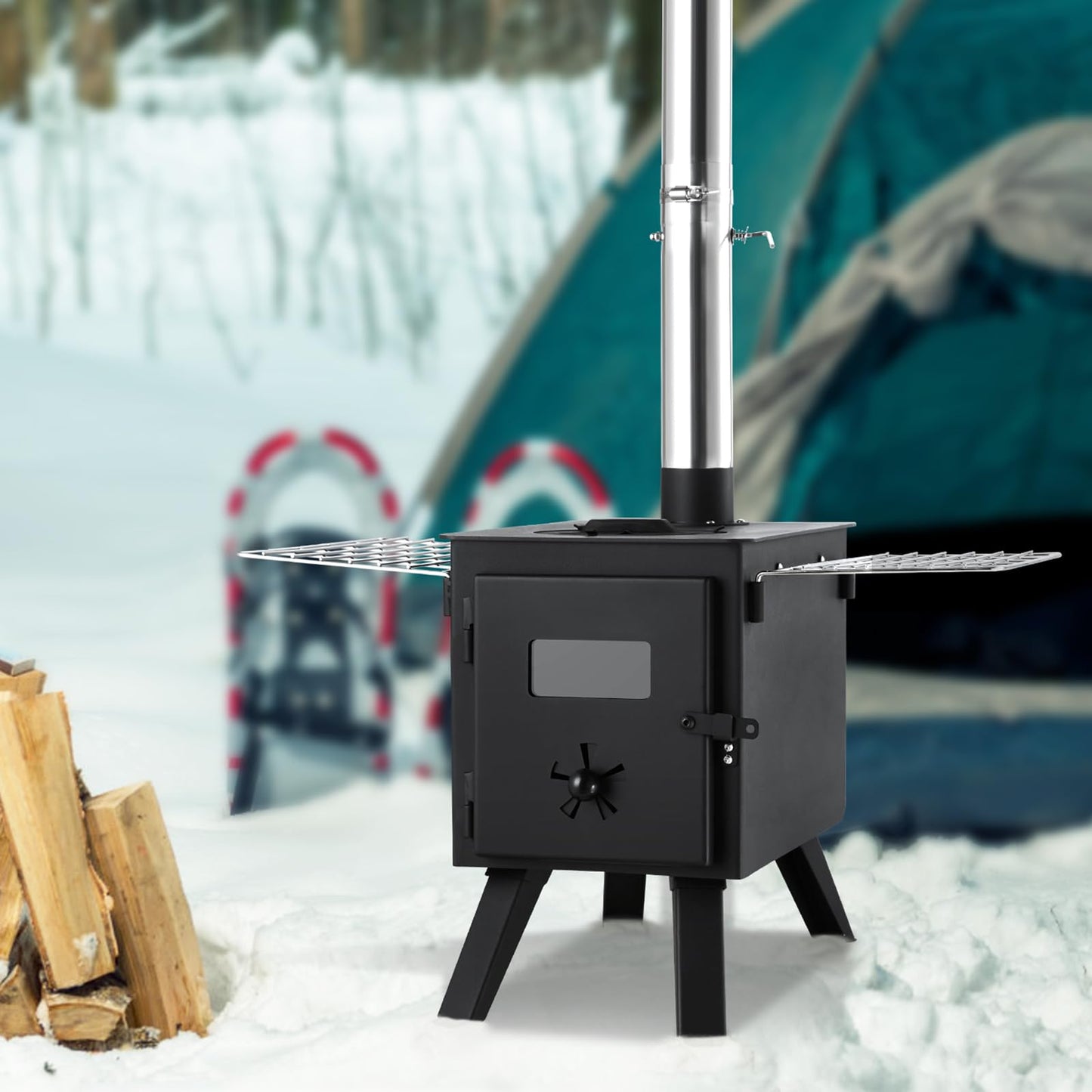 VEVOR Camping Wood Stove Alloy Steel Camping Tent Stove, Portable Wood Burning Stove with Chimney Pipes & Gloves, 1400in³Firebox Hot Tent Stove for Outdoor Cooking and Heating with 8 Pipes